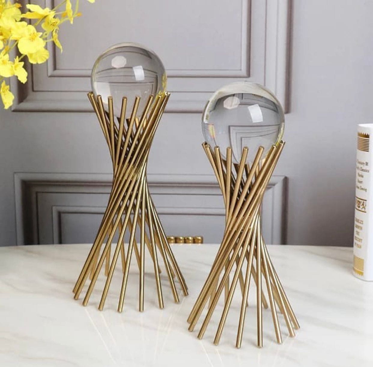 Golden Iron Crystal Ball With Geometric Metal Brass Stand, Ornament Desk Statue Sculptor Decor Golden Iron Crystal Ball With Geometric Metal Brass Stand, Ornament Desk Statue Sculptor Decor